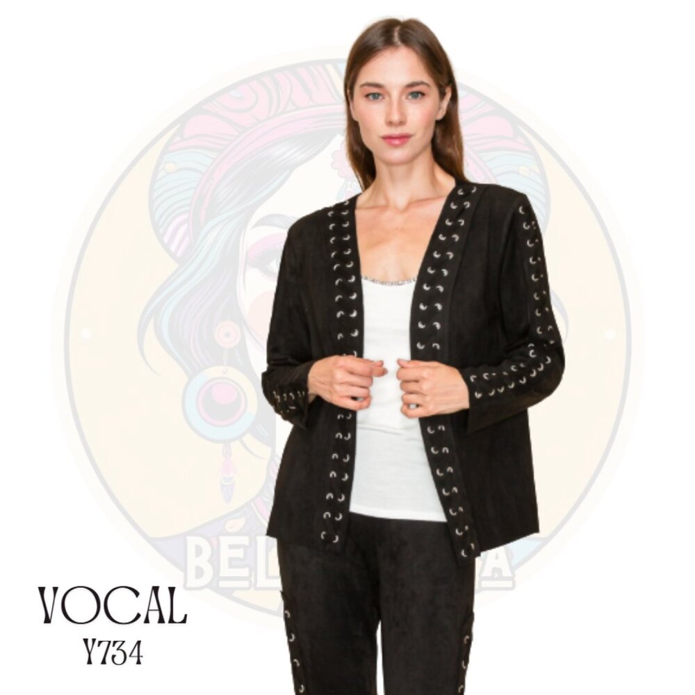 Y734 VOCAL Black Laced Up Microsuede Long Sleeve Cardigan Jacket